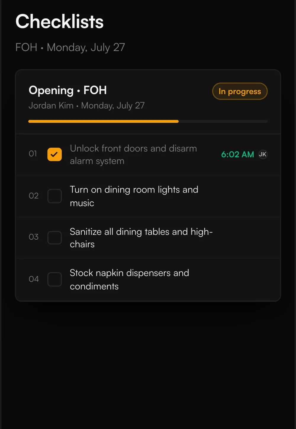 LineReady opening checklist for the front of house