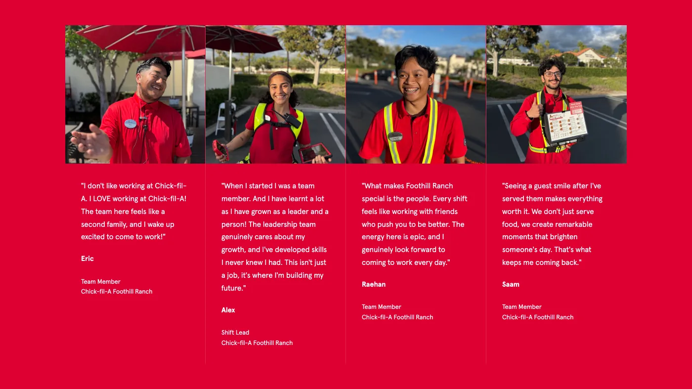 The culture band on cfafoothill.com: four team members photographed at the restaurant, each above a quote about working there