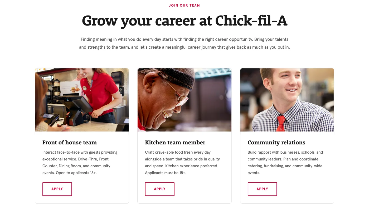 The careers section of cfafoothill.com: three open roles, each with a photo, what the job involves, and an apply button