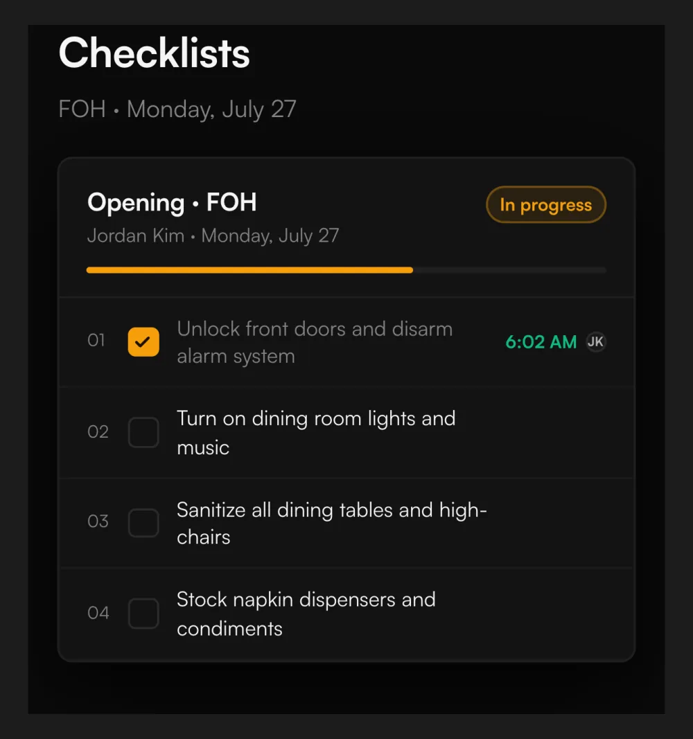 The LineReady checklists screen: an opening front-of-house list with the first task checked off and stamped with who did it