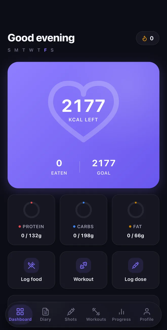 The LockedIn dashboard: calories left, protein, carbs and fat rings, and the log food, workout and log dose shortcuts