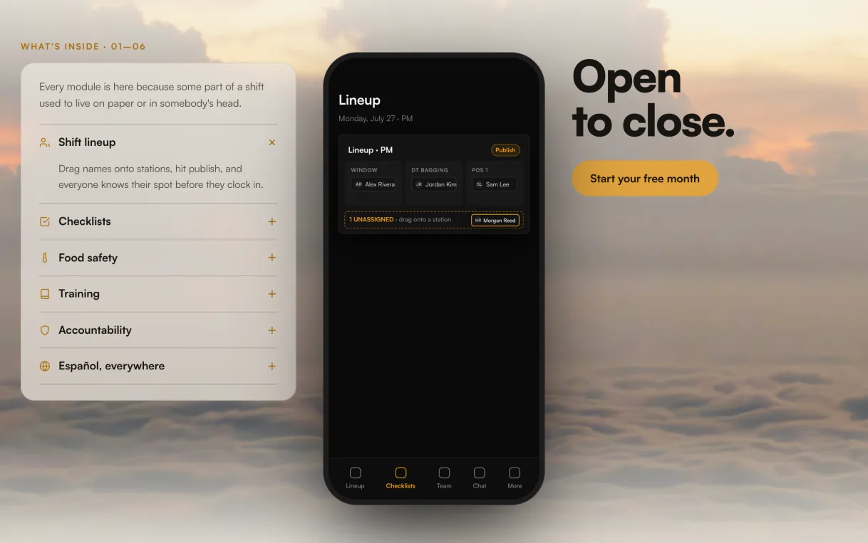 LineReady feature overview with the shift lineup board open on a phone