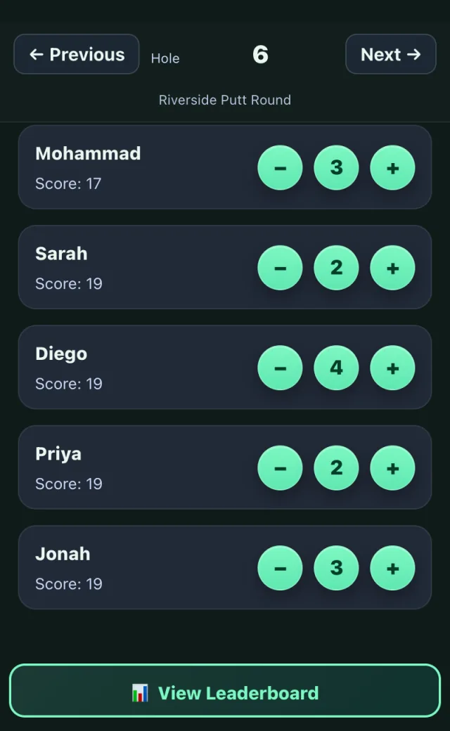 Mini Golf Score Tracker scoring a hole for five players